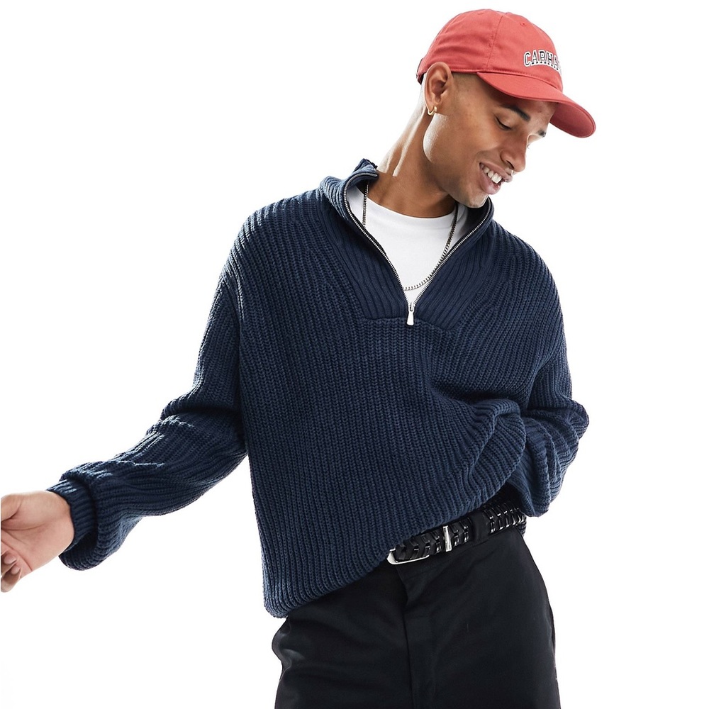 Asos Design Oversized Knitted Fisherman Rib 1/4 Zip Sweater Navy Small